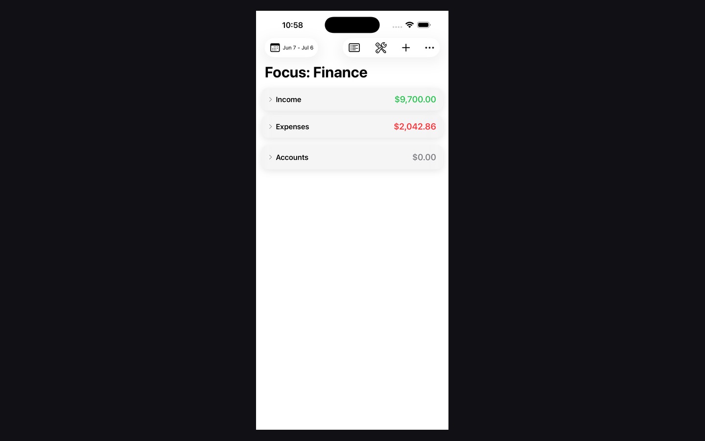 Screenshot of Focus: Finance iOS App